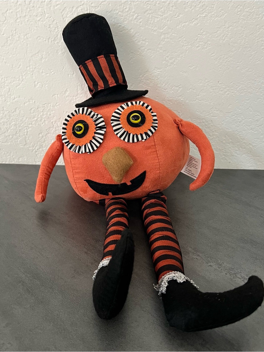 Primitive Seated Pumpkin Plush Orange Black Halloween Decor Top Hat Hanging Legs
